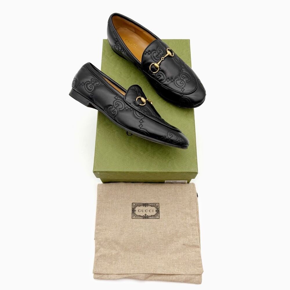 GUCCI Black Embossed Jumbo GG Leather Horsebit Jordaan Loafer Size 38 Flat - Picture 2 of 14